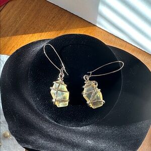 Geometric Gold and Citrine Dangle Earrings. Gold handmade wrap around citrine.